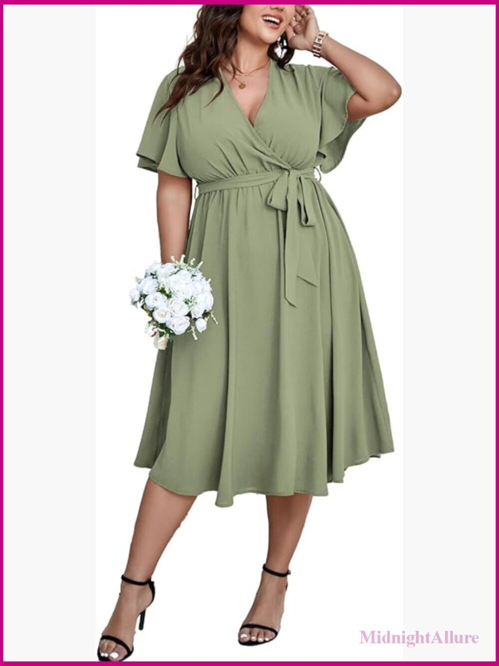 Plus Size Wrap V Neck Midi Dress Short Sleeve A-Line Flowy